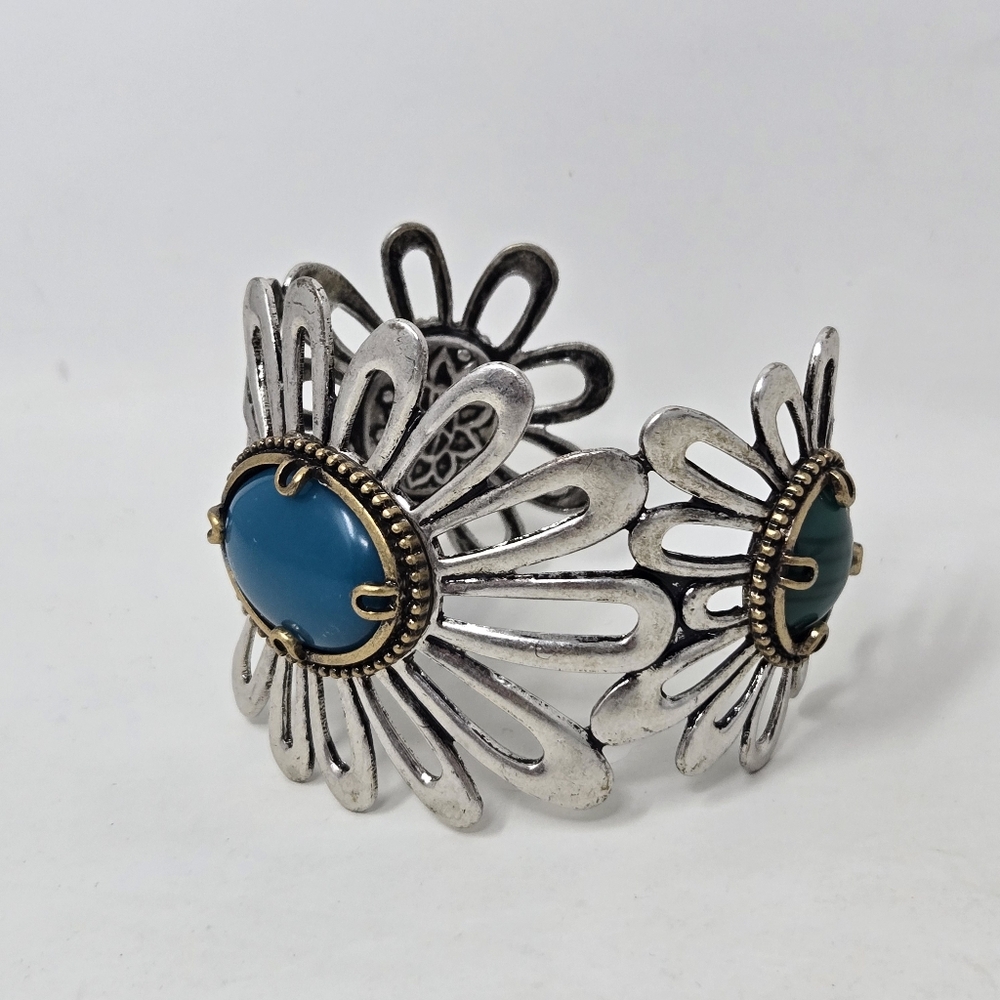 LUCKY BRAND Boho Southwest Faux Turquoise Malachite Flower Cuff Bracelet Western - Picture 3 of 15